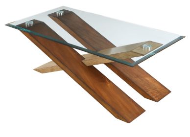 Modern Cross Tie End Table - Beveled Glass Top, Contrasting Natural and Cherry Finish - Unique Accent Piece, Stylish Home Brightener - as Pic