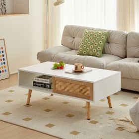 41.34" Rattan Coffee table, sliding door for storage, solid wood legs, Modern table for living room ,White - as Pic