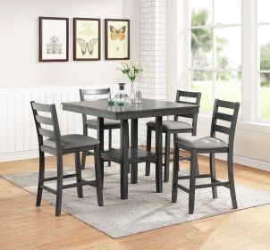 Classic Dining Room Furniture Gray Finish Counter Height 5pc Set Square Dining Table w Shelves Cushion Seat Ladder Back High Chairs Solid wood - as Pi