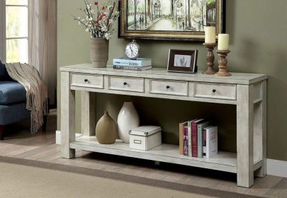 Sofa Table Antique White Rustic Solid wood Storage Table Open Shelf Bottom Living Room 1pc Side Table. - as Pic