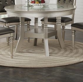 Round Dining Table Silver / Grey Finish Rubber wood Frame Center Glass Top Dinette Table - as Pic
