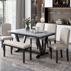 Modern Style 6-piece Dining Table with 4 Chairs & 1 Bench, Table with Marbled Veneers Tabletop and V-shaped Table Legs - White