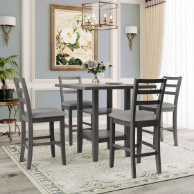 5-Piece Wooden Counter Height Dining Set with Padded Chairs and Storage Shelving - Gray