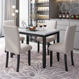 Faux Marble 5-Piece Dining Set Table with 4 Thicken Cushion Dining Chairs Home Furniture, White/Beige+Black - White