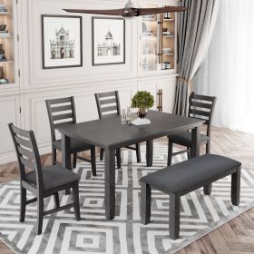 Dining Room Table and Chairs with Bench, Rustic Wood Dining Set, Set of 6 (Gray) - Gray