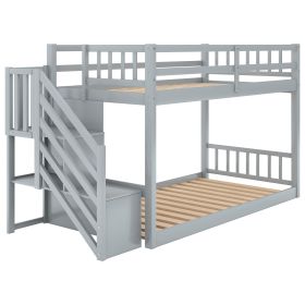 Twin-Over-Twin Floor Bunk Bed, Built-In Ladder with Storage, Stylish Gray Finish - Gray