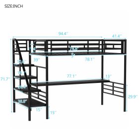 Compact Metal Loft Bed Frame, Inclusive Desk, Twin Size, No Box Spring Needed, Classic Black - Black