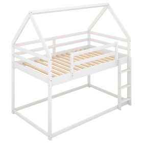 Cozy Twin-Over-Twin Low Bunk House Bed, Includes Ladder, Crisp White Finish - White