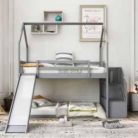 Twin-Over-Twin House Bunk Bed, Convertible Slide, Storage Staircase - Gray