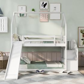 Twin-Over-Twin House Bunk Bed, Convertible Slide, Storage Staircase - White