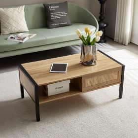 40.16" Rattan Coffee table, sliding door for storage, metal legs, Modern table for living room , natural - natural