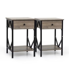 Set of 2 Nightstand Industrial End Table with Drawer;  Storage Shelf and Metal Frame for Living Room;  Bedroom;  XH - Washed Gray