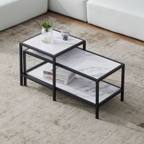 Modern Nesting coffee table Square & rectangle; Black metal frame with wood marble color top - Black