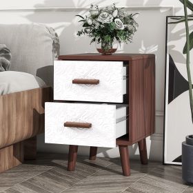 U-Can Square End Table Side Table with 2 Drawers Adorned with Embossed Patterns for Living Room, Hallway, Brown+White - as Pic