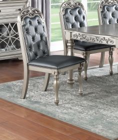 Majestic Formal Set of 2 Side Chairs Grey / Silver Finish Rubberwood Dining Room Furniture Intricate Design Cushion Upholstered Seat Tufted Back - as