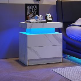Nightstand LED Bedside Table Cabinet Lights Modern End Side with 2 Drawers for Bedroom (White Stone) - as Pic