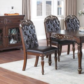Majestic Formal Set of 2 Side Chairs Brown Finish Rubberwood Dining Room Furniture Intricate Design Cushion Upholstered Seat Tufted Back - as Pic