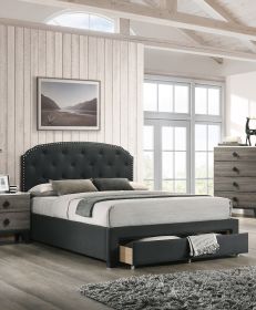 Charcoal Burlap Fabric 1pc Queen Size Bed w Drawer Button Tufted Headboard Storage Bedframe Bedroom Furniture - as Pic