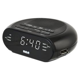 RCA Digital Radio Alarm Clock with Soothing Sounds, Brightness Control, and USB Charging Port - RCA