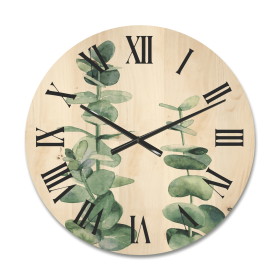Designart 'Green Eucalyptus Branch' Tropical Wood Wall Clock - Designart