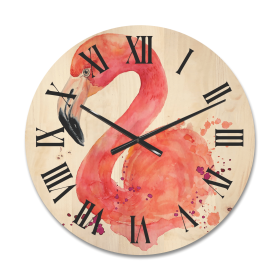 Designart 'Abstract Portrait of Pink Flamingo I' Farmhouse Wood Wall Clock - Designart