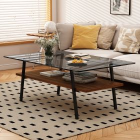 Rectangle Coffee Table, Tempered Glass Tabletop with Black Metal Legs, Modern Table for Living Room , Gray Glass - as Pic