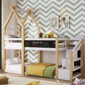 Twin over Twin House Bunk Bed with White Storage Staircase and Blackboard, White and Natural - as Pic