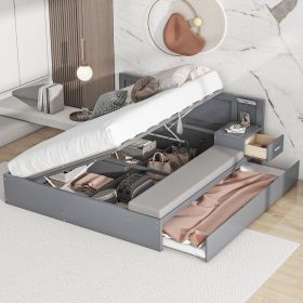 Full Size Wood Storage Hydraulic Platform Bed with Twin Size Trundle, Side Table and Lounge, Gray - as Pic