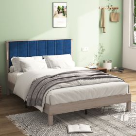 Queen Bed Frame, Wood with Wood Headboard Bed Frame with upholstered headboard / Wood Foundation with Wood Slat Support / No Box Spring Needed / Easy