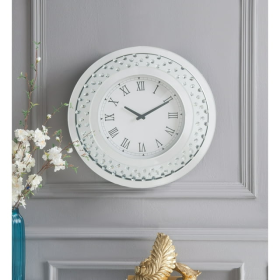 Wood and Mirror Round Analog Wall Clock, White- Saltoro Sherpi - Acme