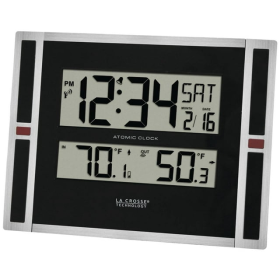 La Crosse Technology 11" Contemporary Black & Silver Digital Atomic Clock with Temperature, 513-149 - La Crosse Technology