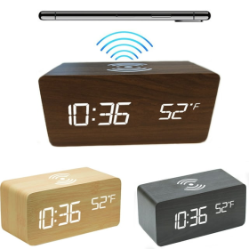 Zunammy Wooden Finish Alarm clock with Wireless Charging (Qi Charging Pads) for phone - Black - Zunammy