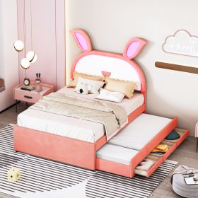 Full Size Upholstered Platform Bed with Trundle and 3 Drawers, Rabbit-Shaped Headboard with Embedded LED Lights, Pink - as Pic