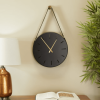 DecMode 16" Black Stainless Steel Wall Clock with Leather Hanging Straps - DecMode