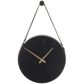 DecMode 16" Black Stainless Steel Wall Clock with Leather Hanging Straps - DecMode