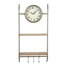 Woven Paths 16" x 5.75" x 32.25" Metal Wall Clock with Natural Wood Shelves and Hooks - Woven Paths