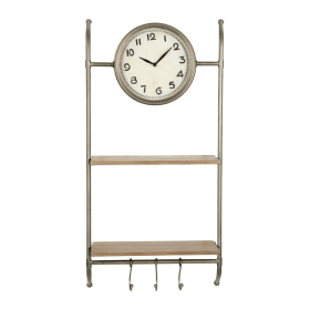 Woven Paths 16" x 5.75" x 32.25" Metal Wall Clock with Natural Wood Shelves and Hooks - Woven Paths