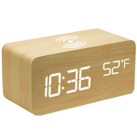 Zunammy Wooden Digital LED Alarm Clock with Wireless Charger Qi Pad - Wooden - Zunammy