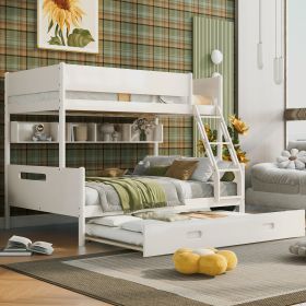 Wood Twin over Full Bunk Bed with Storage Shelves and Twin Size Trundle, Cream - as Pic