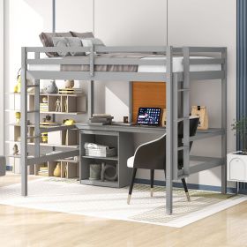 Full size Loft Bed with Desk and Writing Board, Wooden Loft Bed with Desk & 2 Drawers Cabinet- Gray - as Pic