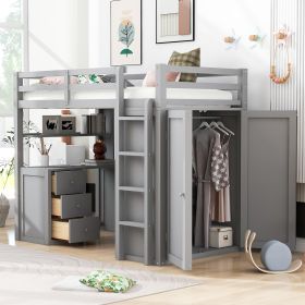 Twin size Loft Bed with Drawers,Desk,and Wardrobe-Gray - as Pic