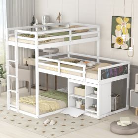 L-shaped Wood Triple Twin Size Bunk Bed with Storage Cabinet and Blackboard, Ladder, White - as Pic
