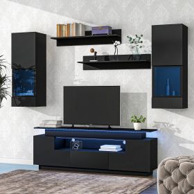 ON-TREND Stylish Functional TV stand, 5 Pieces Floating TV Stand Set, High Gloss Wall Mounted Entertainment Center with 16-color LED Light Strips for