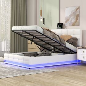 Full Size Tufted Upholstered Platform Bed with Hydraulic Storage System,PU Storage Bed with LED Lights and USB charger, White(Expected Arrival Time: 5