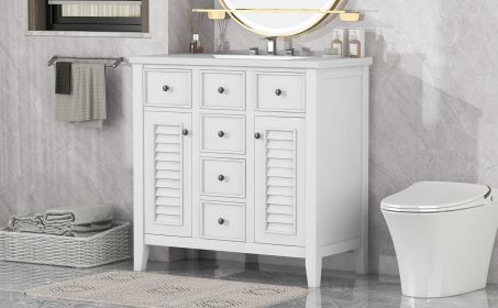 36" Bathroom Vanity with Ceramic Basin, Two Cabinets and Five Drawers, Solid Wood Frame, White (OLD SKU: SY999202AAK) - as Pic
