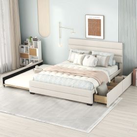 Queen Upholstered Platform Bed with Twin Size Trundle and Two Drawers, Beige - as Pic