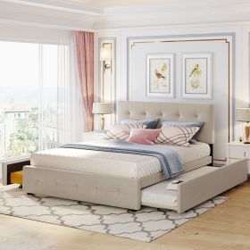 Upholstered Platform Bed with 2 Drawers and 1 Twin XL Trundle, Linen Fabric, Queen Size - Dark Beige(OLD SKU :LP000314AAA) - as Pic