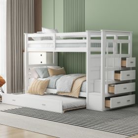 Twin Over Twin Bunk Bed with Trundle and Staircase,White(OLD SKU:LT000068AAK) - as Pic