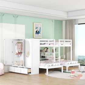 Full-Over-Twin-Twin Bunk Bed with Shelves, Wardrobe and Mirror, White - as Pic