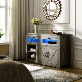 Modern wooden kitchen buffet, built-in with adjustable laminate and LED lights, 2 drawers and a barn door, suitable for kitchen or dining room.